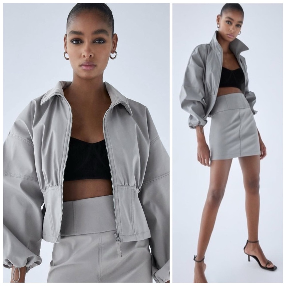 Zara NWT Technical Two Piece Set Grey High Waisted Mini Skirt Jacket Size M​